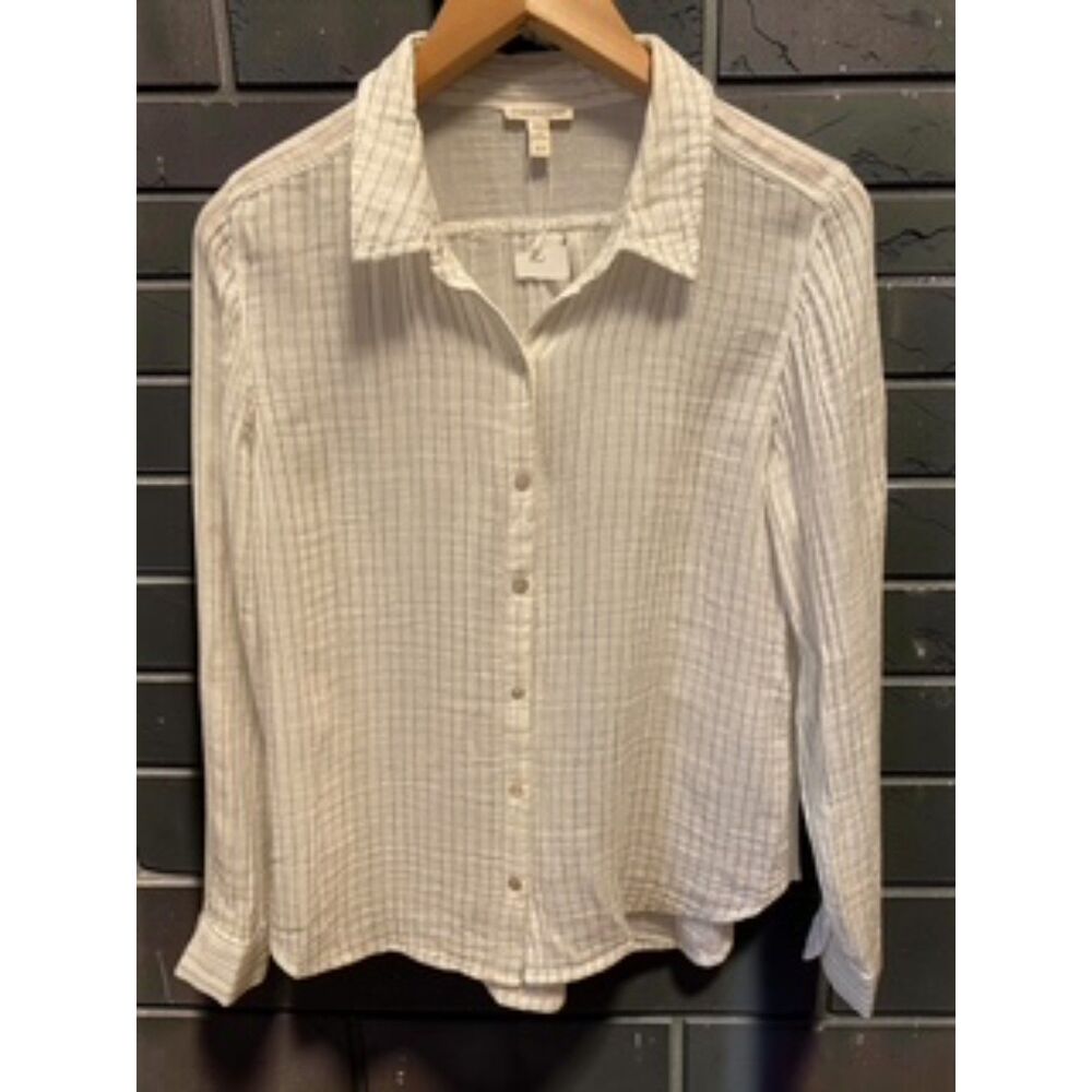 Eileen Fisher Striped Organic Cotton Gauze Classic Collar Button Down Shirt XS